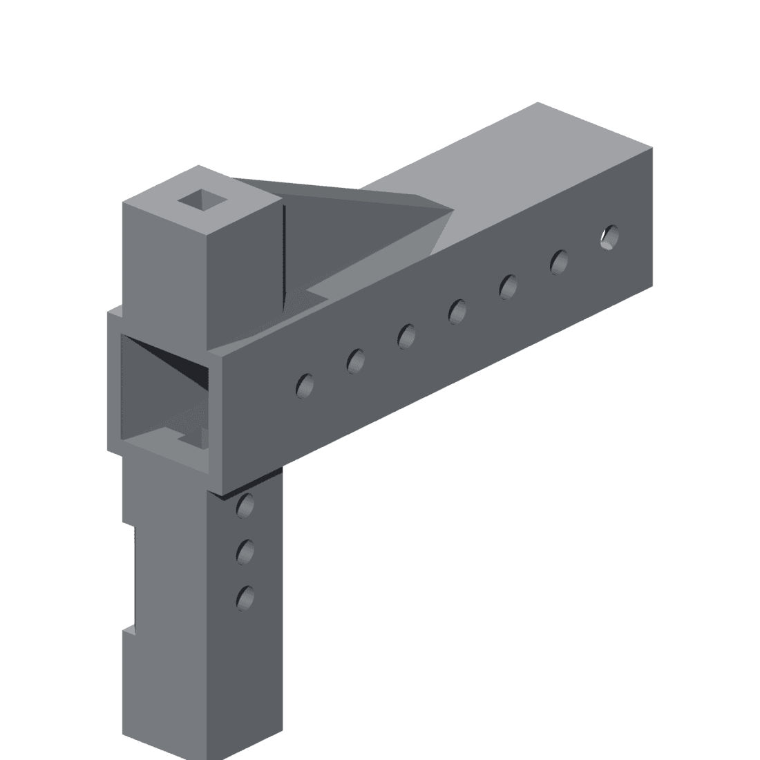 Bench attachment mount — L-shaped steel adapter with gusset and adjustment holes